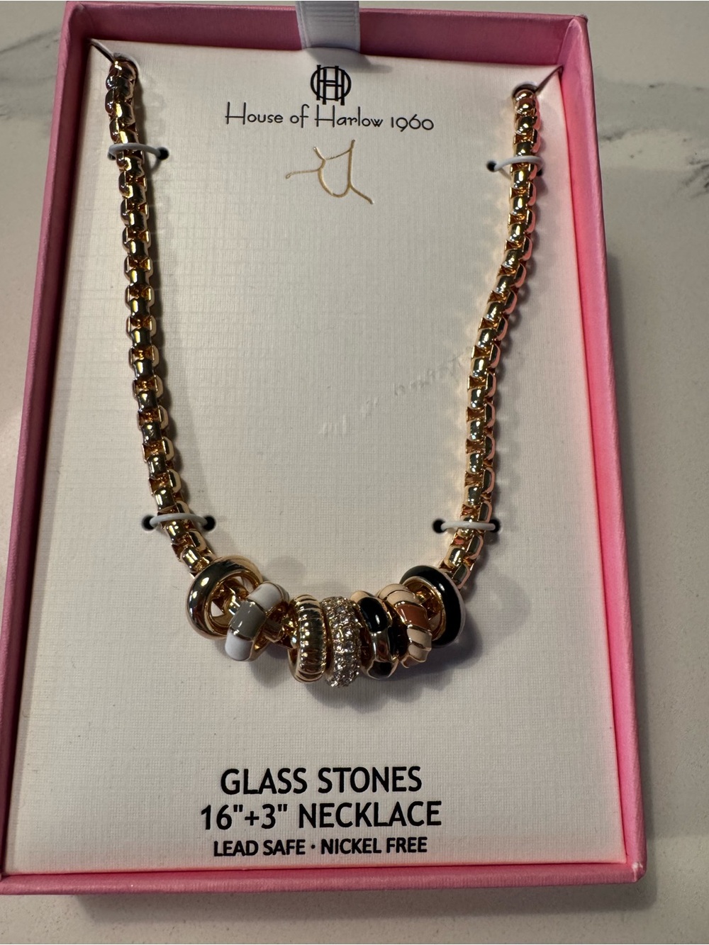 House of Harlow 1960 Gold Necklace with White and Black Accents NEW